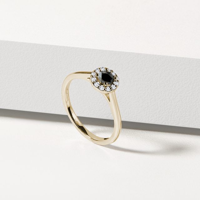 HALO-RING MIT SCHWARZEM DIAMANTEN IN GELBGOLD - VERLOBUNGSRINGE MIT FARBIGEN DIAMANTEN - 