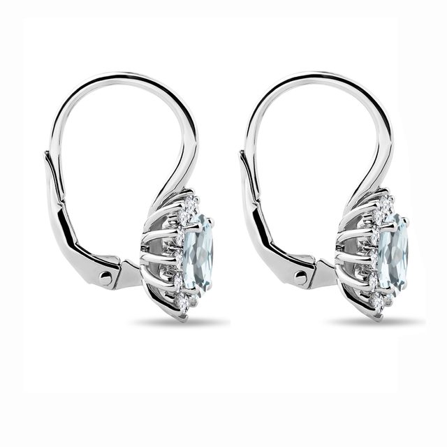 HALO NÁUŠNICE Z BIELEHO ZLATA S AKVAMARÍNMI A DIAMANTMI - NÁUŠNICE AKVAMARÍN - 