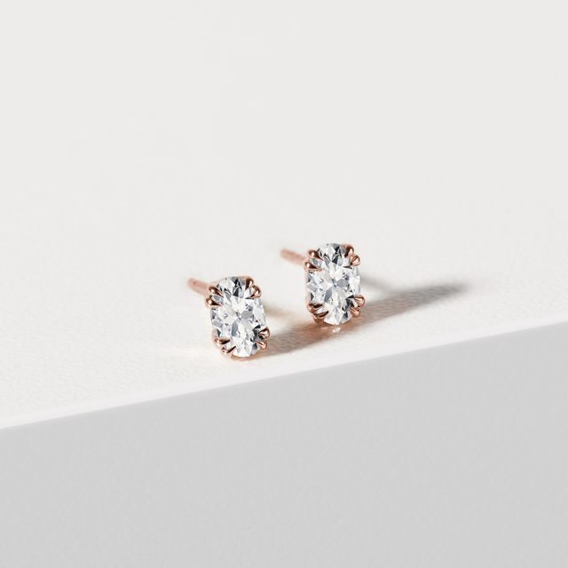 CLOUS D'OREILLES EN OR ROSE ET DIAMANTS OVALES - PUCES D'OREILLES EN DIAMANT - 