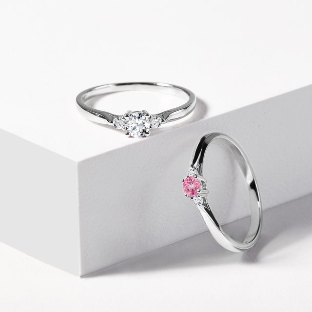 WHITE GOLD RING WITH PINK SAPPHIRE AND DIAMONDS - SAPPHIRE ENGAGEMENT RINGS - 