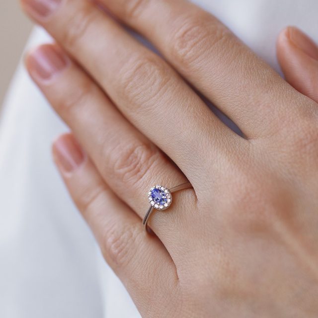 OVAL TANZANITE AND DIAMOND WHITE GOLD HALO RING - TANZANITE RINGS - 