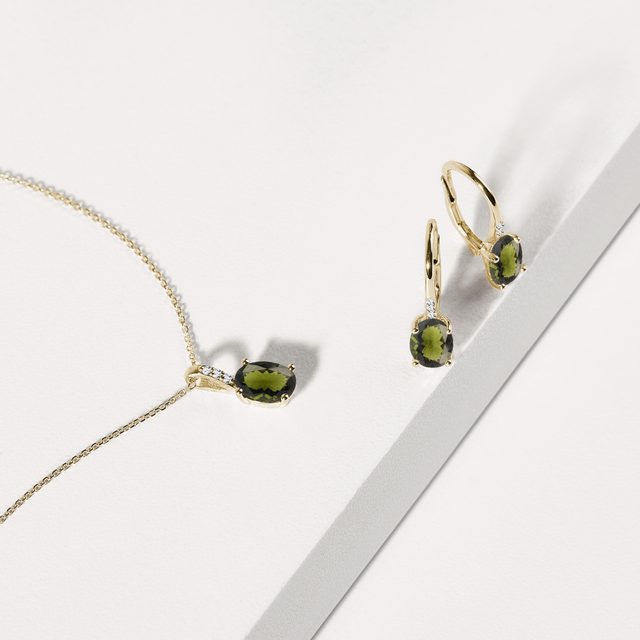 MOLDAVITE JEWELRY SET IN 14K YELLOW GOLD - GEMSTONE SETS - 