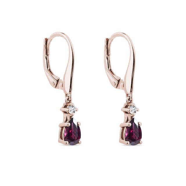 BOUCLES D'OREILLES PENDANTES EN OR ROSE ET RHODOLITES - BOUCLES D'OREILLES AVEC GEMMES - 