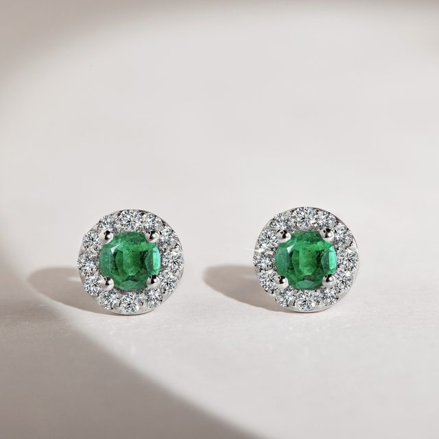 EMERALD AND DIAMOND HALO EARRINGS IN WHITE GOLD - EMERALD EARRINGS - 