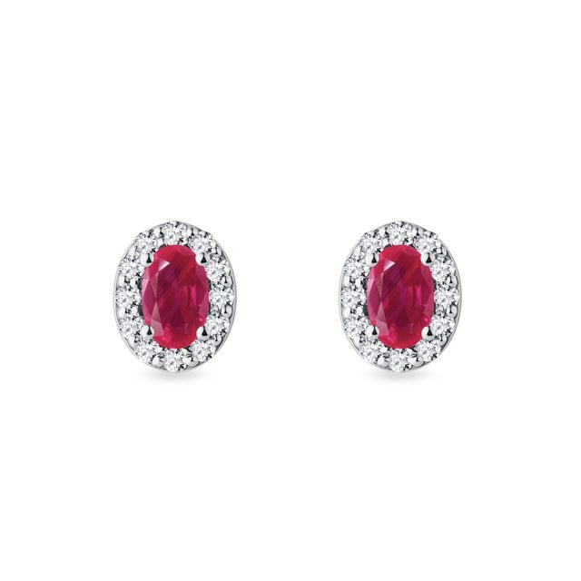 OVAL RUBY AND DIAMOND WHITE GOLD HALO STUD EARRINGS - RUBY EARRINGS - EARRINGS