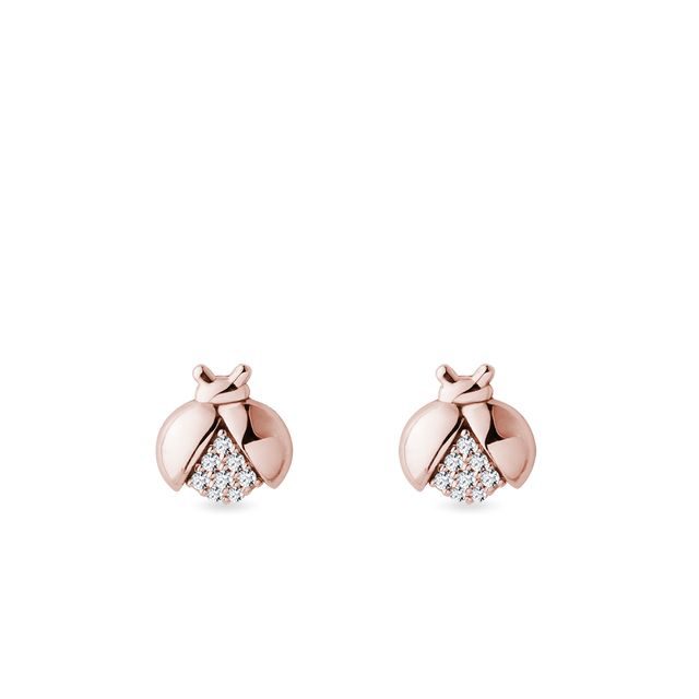 BOUCLES D'OREILLES COCCINELLE EN OR ROSE AVEC DIAMANTS - BOUCLES D'OREILLES POUR ENFANTS - BOUCLES D'OREILLES