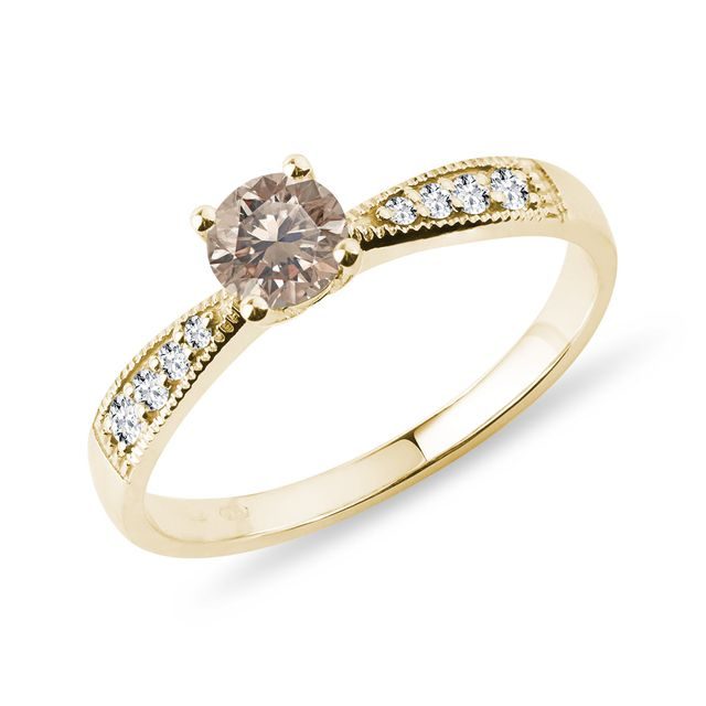 BAGUE D'OR JAUNE AVEC DIAMANT CHAMPAGNE - BAGUES DE FIANÇAILLES AVEC DIAMANTS DE COULEUR - BAGUES DE FIANÇAILLES