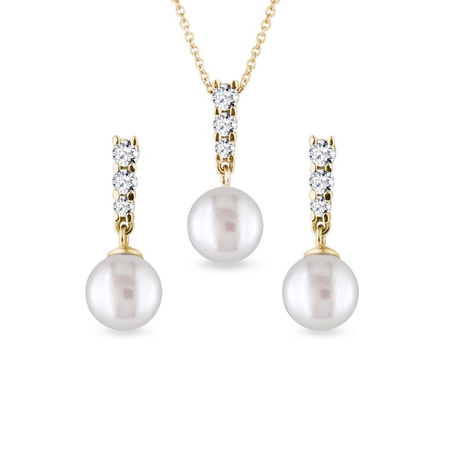 FRESHWATER PEARL EARRING AND NECKLACE SET IN YELLOW GOLD - PEARL SETS - PEARL JEWELRY