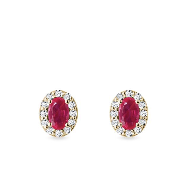 OVAL RUBY AND DIAMOND GOLD HALO STUD EARRINGS - RUBY EARRINGS - EARRINGS