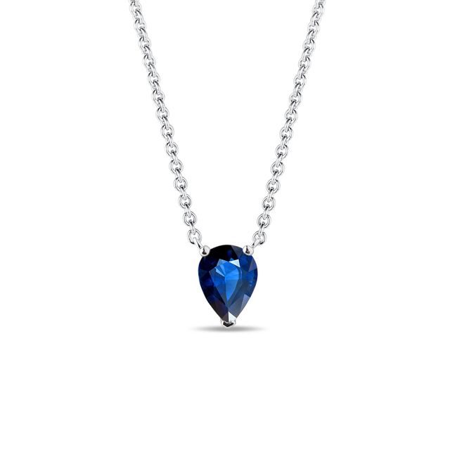 Blue sapphire teardrop necklace in white gold