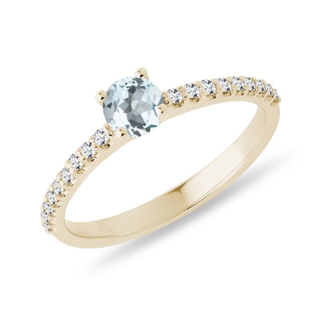 ROUND AQUAMARINE AND DIAMOND GOLD RING - AQUAMARINE RINGS - RINGS