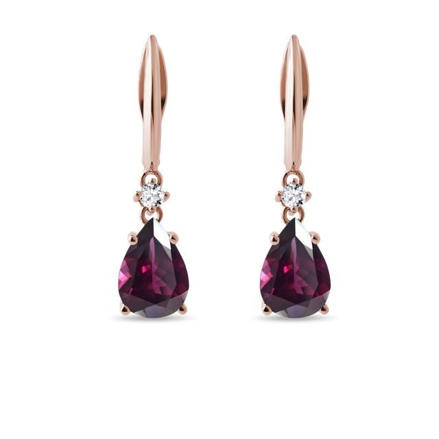 BOUCLES D'OREILLES EN OR ROSE AVEC DIAMANTS ET RHODOLITES - BOUCLES D'OREILLES AVEC GEMMES - BOUCLES D'OREILLES