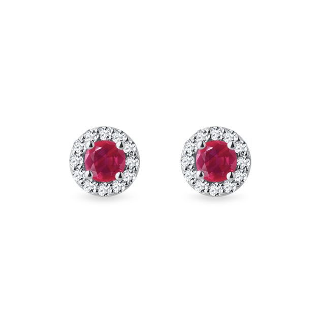 Ruby and Diamond Halo Earrings in White Gold