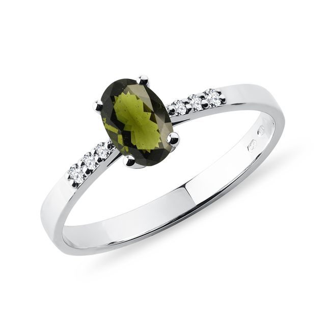 Gold Engagement Ring with Moldavite and Diamonds