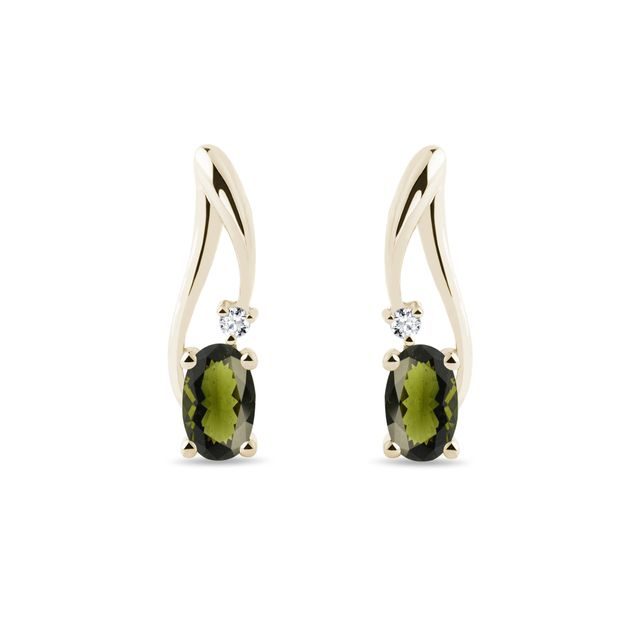 BOUCLES D'OREILLES EN OR AVEC MOLDAVITES ET DIAMANTS - BOUCLES D'OREILLES EN MOLDAVITE - BOUCLES D'OREILLES
