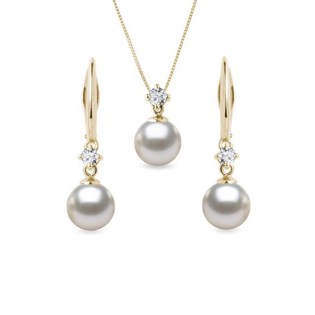 AKOYA PEARL AND DIAMOND JEWELRY SET IN YELLOW GOLD - PEARL SETS - PEARL JEWELRY