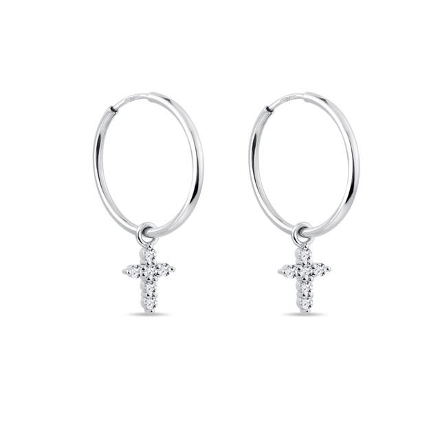 DIAMOND CROSS WHITE GOLD HOOP EARRINGS - DIAMOND EARRINGS - EARRINGS