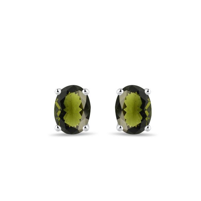 EARRINGS WITH OVAL MOLDAVITES IN WHITE GOLD - MOLDAVITE EARRINGS - EARRINGS