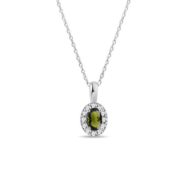 MOLDAVITE AND DIAMOND WHITE GOLD HALO NECKLACE - MOLDAVITE NECKLACES - NECKLACES