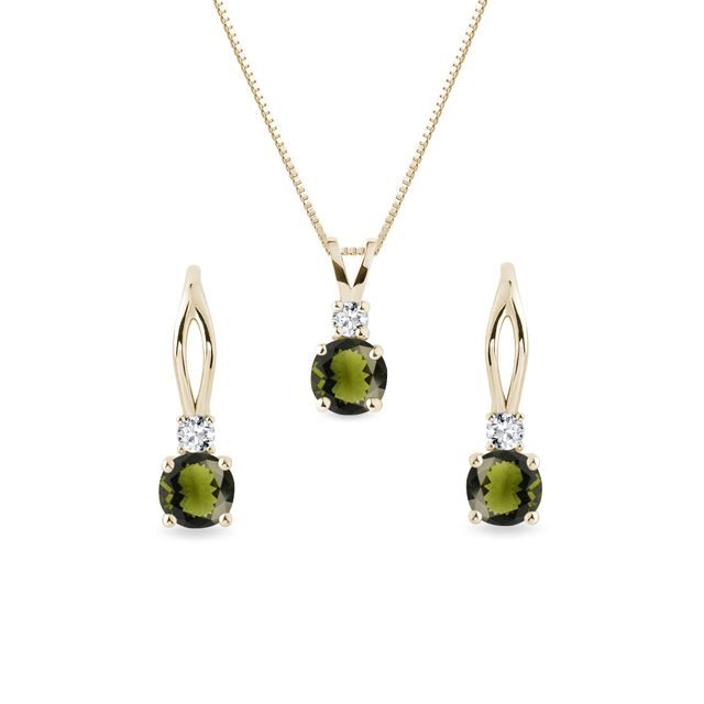 MOLDAVITE AND DIAMOND GOLD JEWELRY SET - JEWELRY SETS - FINE JEWELRY