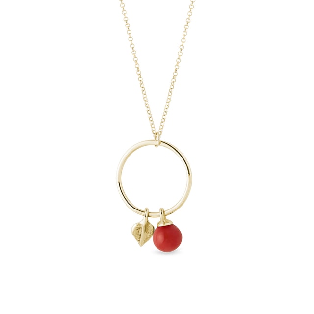 Zlatý náhrdelník s korálem a lístečkem na kruhu