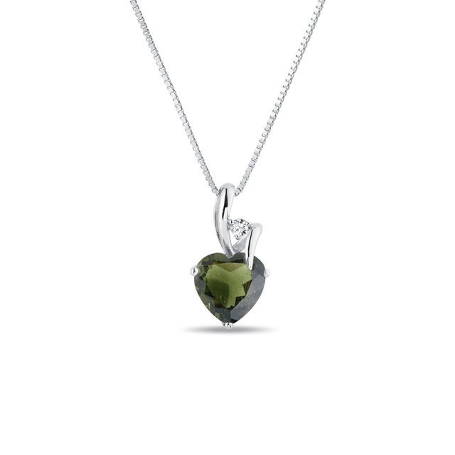 COLLIER COEUR EN OR BLANC AVEC MOLDAVITE ET DIAMANT - COLLIERS AVEC MOLDAVITE - COLLIERS
