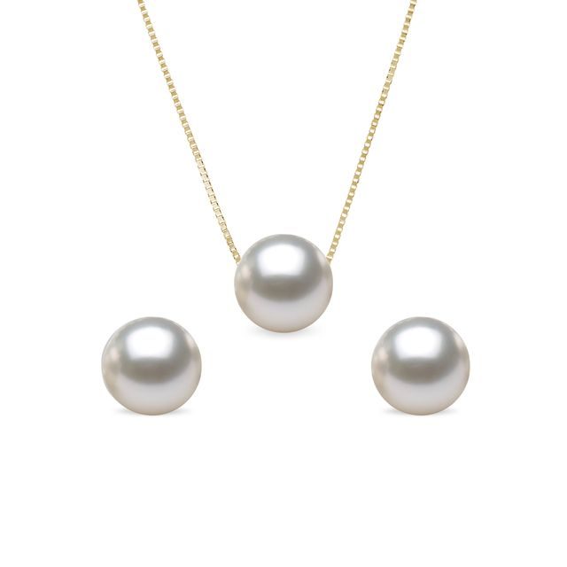 PEARL EARRING AND NECKLACE SET IN YELLOW GOLD - PEARL SETS - PEARL JEWELRY
