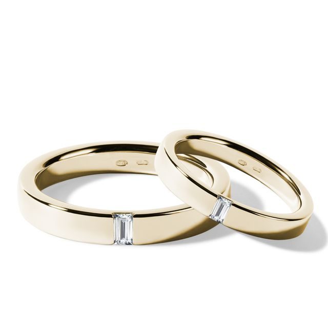 HOCHZEITSSET MIT DIAMANT IM BAGUETTESCHLIFF IN GELBGOLD - GELBGOLDENE TRAURINGE IM SET - TRAURINGE