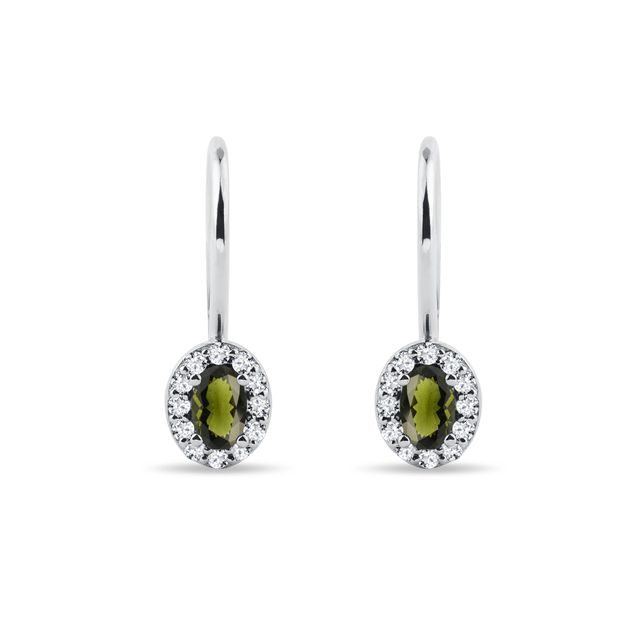 BOUCLES D'OREILLES OR BLANC AVEC MOLDAVITE OVALE ET DIAMANTS - BOUCLES D'OREILLES EN MOLDAVITE - BOUCLES D'OREILLES