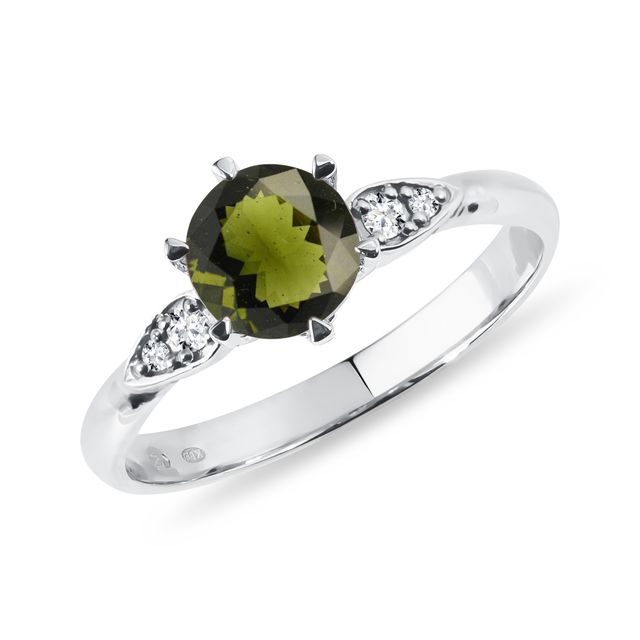 14K WHITE GOLD MOLDAVITE AND DIAMOND RING - MOLDAVITE RINGS - RINGS