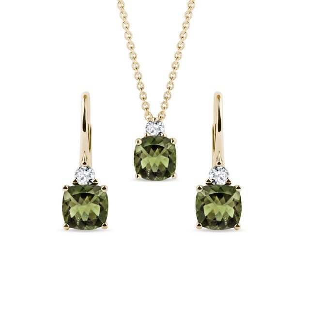 CUSHION CUT MOLDAVITE AND DIAMOND JEWELRY SET IN WHITE GOLD - JEWELRY SETS - FINE JEWELRY