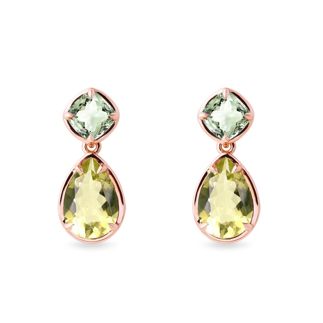 LEMON QUARTZ AND GREEN AMETHYST EARRINGS IN YELLOW GOLD - AMETHYST EARRINGS - EARRINGS