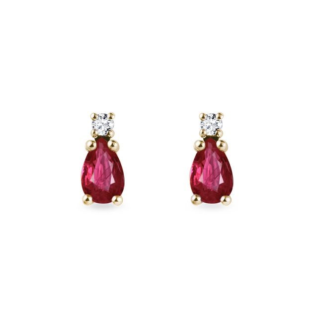 RUBY AND DIAMOND YELLOW GOLD PEAR EARRINGS - RUBY EARRINGS - EARRINGS