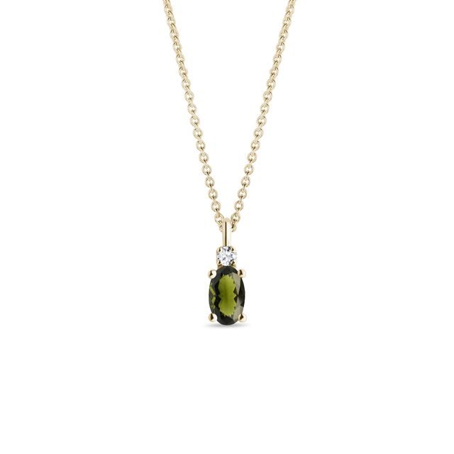 OVAL MOLDAVITE AND DIAMOND NECKLACE IN YELLOW GOLD - MOLDAVITE NECKLACES - NECKLACES