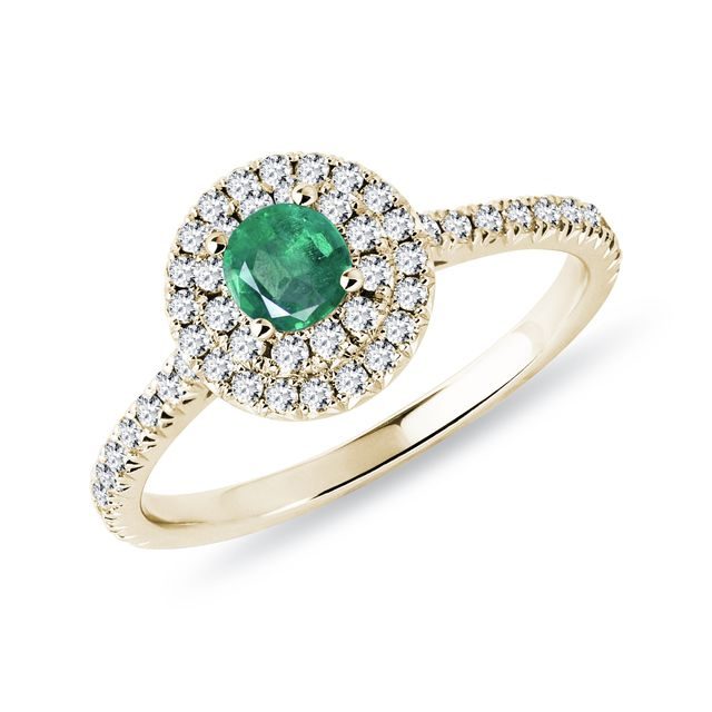 EMERALD AND DIAMOND GOLD HALO RING - EMERALD RINGS - RINGS
