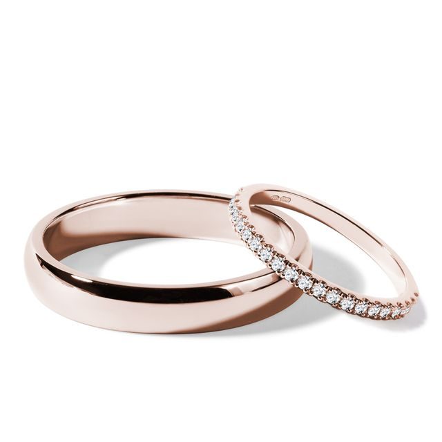 ROSE GOLD WEDDING BAND SET WITH HALF ETERNITY AND SHINY FINISH - ROSE GOLD WEDDING SETS - WEDDING RINGS