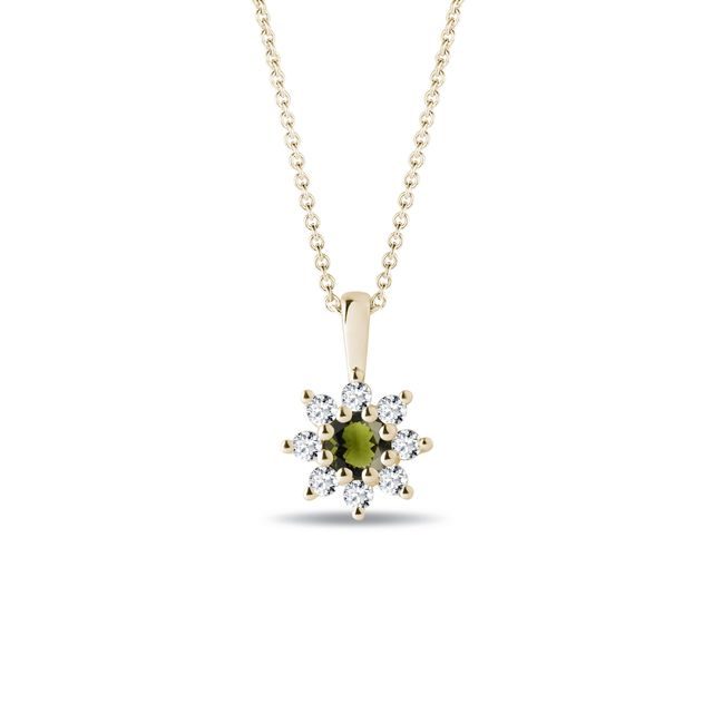 MOLDAVITE AND DIAMOND FLORAL NECKLACE IN YELLOW GOLD - MOLDAVITE NECKLACES - NECKLACES