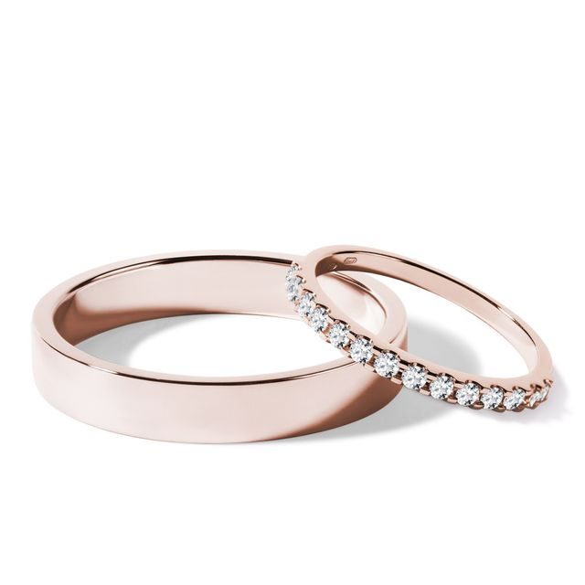 HIS AND HERS ROSE GOLD WEDDING RING SET WITH HALF ETERNITY AND SHINY FINISH - ROSE GOLD WEDDING SETS - WEDDING RINGS