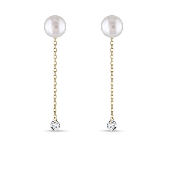 BOUCLES D'OREILLES 2 EN 1 EN OR JAUNE, PERLES ET DIAMANTS - BOUCLES D'OREILLES EN DIAMANT - BOUCLES D'OREILLES