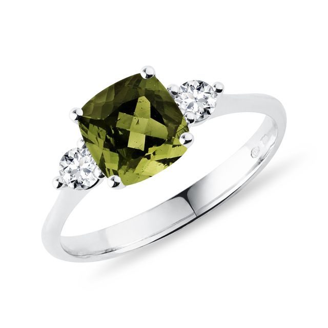 CUSHION CUT MOLDAVITE RING IN 14K WHITE GOLD - MOLDAVITE RINGS - RINGS