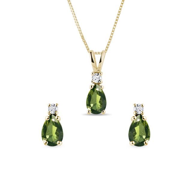 MOLDAVITE TEARDROP JEWELLERY SET MADE OF YELLOW GOLD - JEWELLERY SETS - FINE JEWELLERY