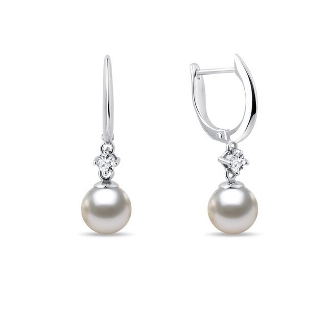 WHITE GOLD EARRINGS WITH AKOYA PEARL AND DIAMONDS - PEARL EARRINGS - PEARL JEWELRY