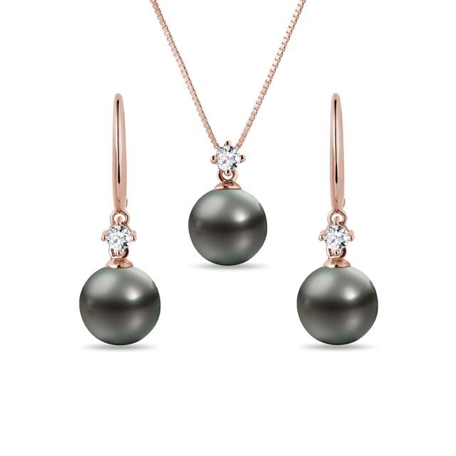 TAHITIAN PEARL AND DIAMOND ROSE GOLD JEWELRY SET - PEARL SETS - PEARL JEWELRY