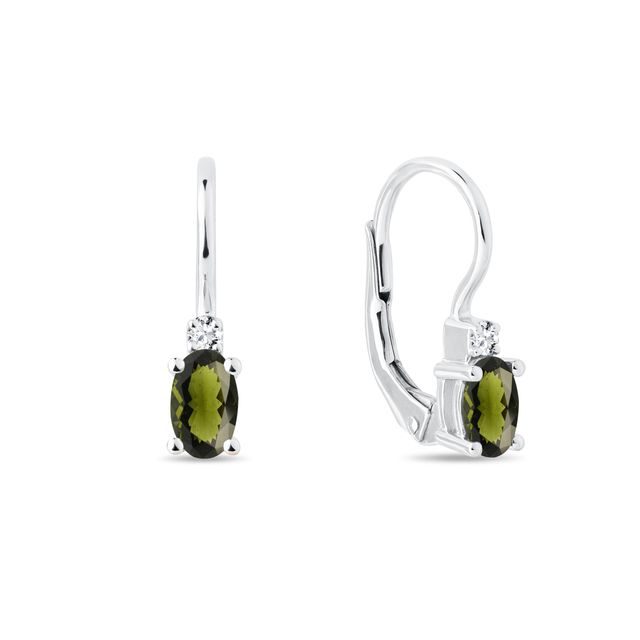 OVAL MOLDAVITE AND DIAMOND EARRINGS IN WHITE GOLD - MOLDAVITE EARRINGS - EARRINGS