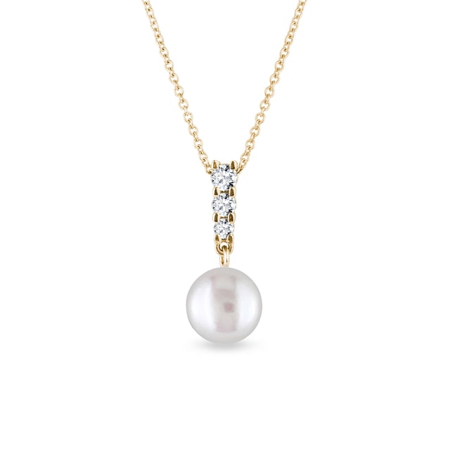 PEARL PENDANT IN YELLOW GOLD WITH THREE BRILLIANTS - PEARL PENDANTS - PEARL JEWELRY