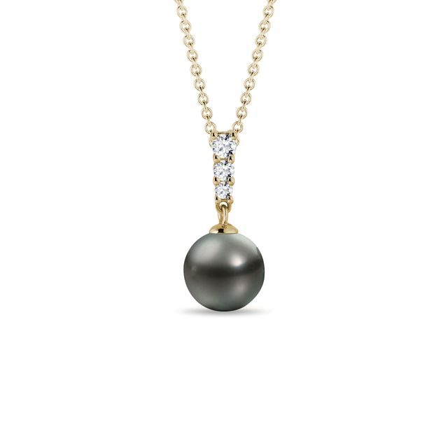 TAHITIAN PEARL AND DIAMOND YELLOW GOLD NECKLACE - PEARL PENDANTS - PEARL JEWELRY