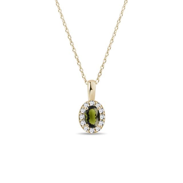 MOLDAVITE AND DIAMOND HALO NECKLACE IN 14K YELLOW GOLD - MOLDAVITE NECKLACES - NECKLACES
