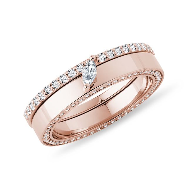 ALLIANCE ET BAGUE DE FIANÇAILLES ASSORTIES EN OR ROSE DIAMANT MARQUISE - ENSEMBLES DE BAGUES DE FIANÇAILLES ET DE MARIAGE - BAGUES DE FIANÇAILLES