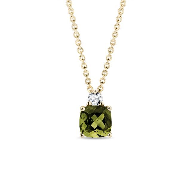 MOLDAVITE AND DIAMOND PENDANT MADE OF YELLOW GOLD - MOLDAVITE NECKLACES - NECKLACES