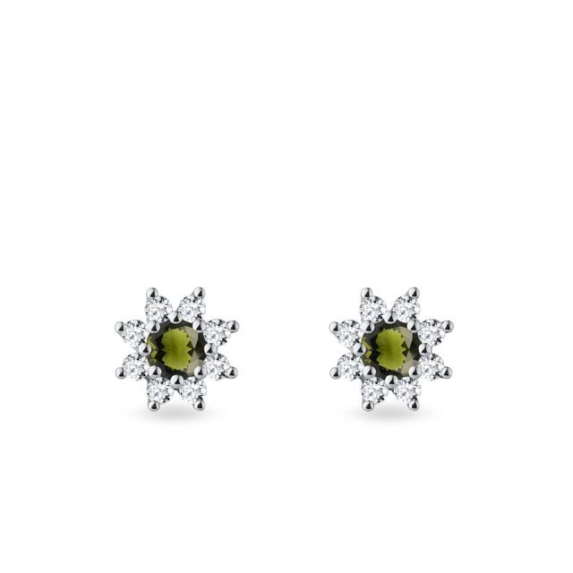 MOLDAVITE AND DIAMOND FLORAL STUDS IN WHITE GOLD - MOLDAVITE EARRINGS - EARRINGS